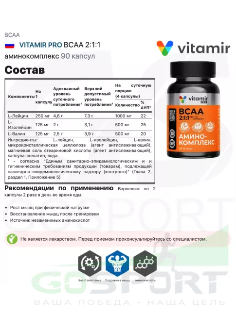 BCAA VITAMIR PRO ВСАА 2:1:1 аминокомплекс 90 капсул