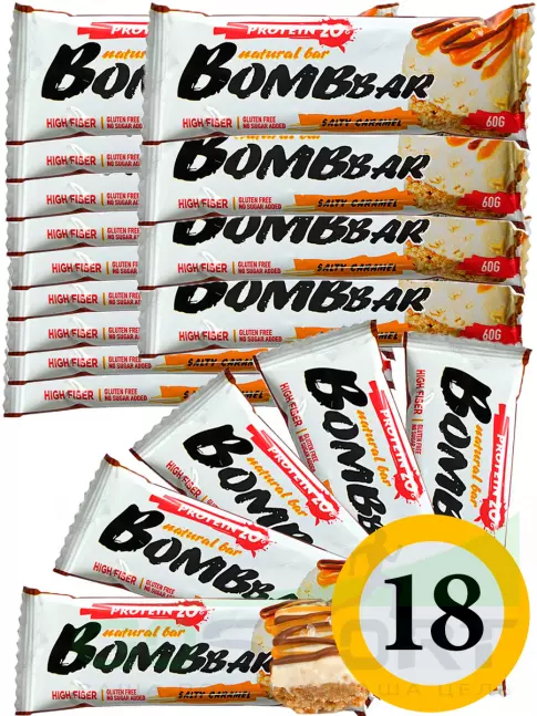Протеиновый батончик BombBar Protein Bar 18 x 60 г, Соленая карамель Протеиновый батончик BombBar Protein Bar 18 x 60 г, Соленая карамель