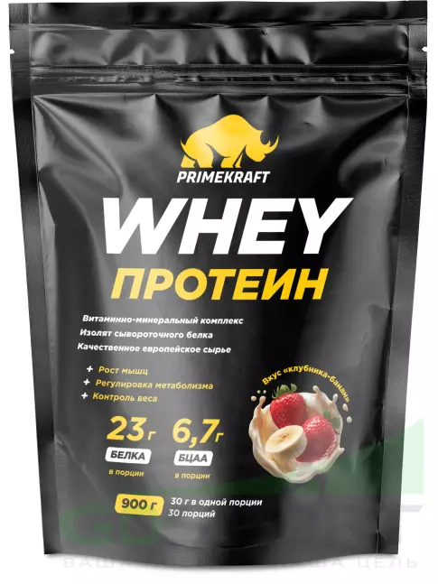Сывороточный протеин PRIMEKRAFT Whey Protein дойпак 900 г, Клубника-банан