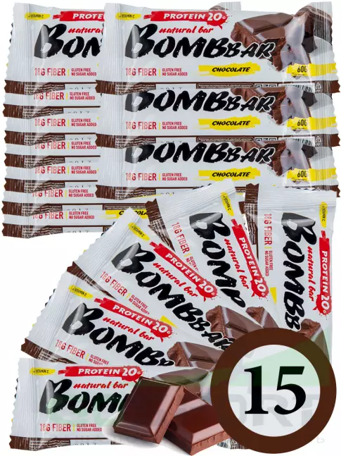 Протеиновый батончик BombBar Protein Bar 15 x 60 г, Двойной шоколад