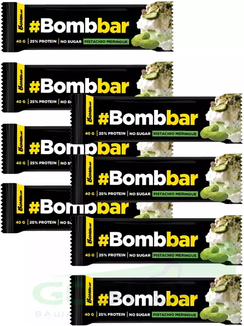 Протеиновый батончик BombBar Батончики в шоколаде без сахара 8 x 40 г, Фисташковая меренга