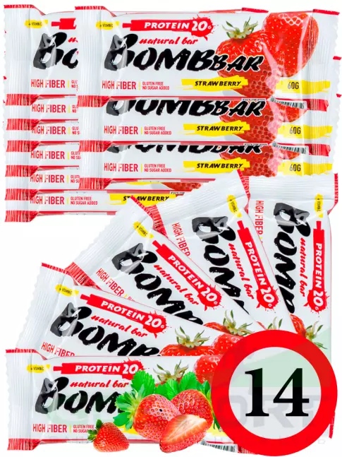 Протеиновый батончик BombBar Protein Bar 14 x 60 г, Клубника