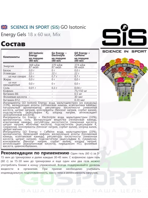 Гель питьевой SCIENCE IN SPORT (SiS) GO Isotonic Energy Gels 18 x 60 мл, Mix