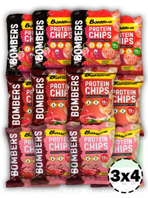 Чипсы BombBar Protein Chips 12 x 50 г, Краб,Бекон с паприкой, Сладкий чили