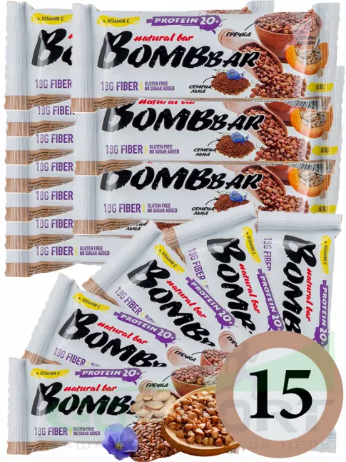 Протеиновый батончик BombBar Protein Bar 15 x 60 г, Гречишный