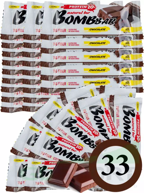 Протеиновый батончик BombBar Protein Bar 33 x 60 г, Двойной шоколад Протеиновый батончик BombBar Protein Bar 33 x 60 г, Двойной шоколад