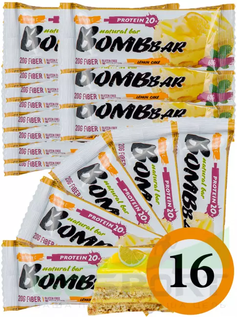 Протеиновый батончик BombBar Protein Bar 16 x 60 г, Лимонный торт Протеиновый батончик BombBar Protein Bar 16 x 60 г, Лимонный торт