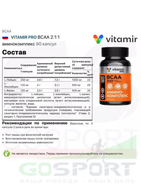 BCAA VITAMIR PRO ВСАА 2:1:1 аминокомплекс 90 капсул