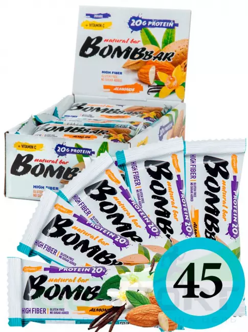 Протеиновый батончик BombBar Protein Bar 45 x 60 г, Миндаль-ваниль Протеиновый батончик BombBar Protein Bar 45 x 60 г, Миндаль-ваниль