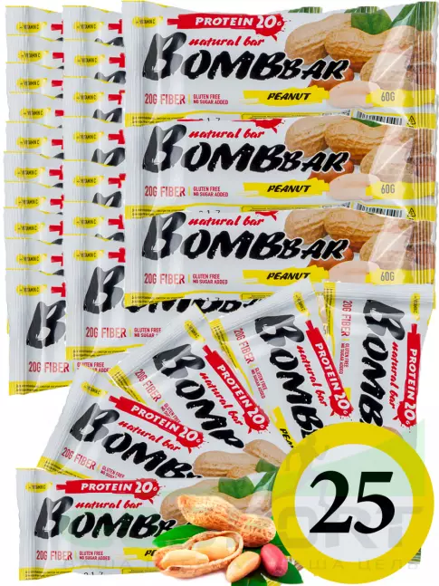Протеиновый батончик BombBar Protein Bar 25 x 60 г, Арахис