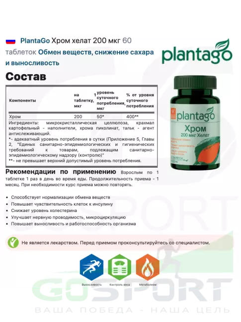 Хром PlantaGo Хром хелат 200 мкг 60 таблеток