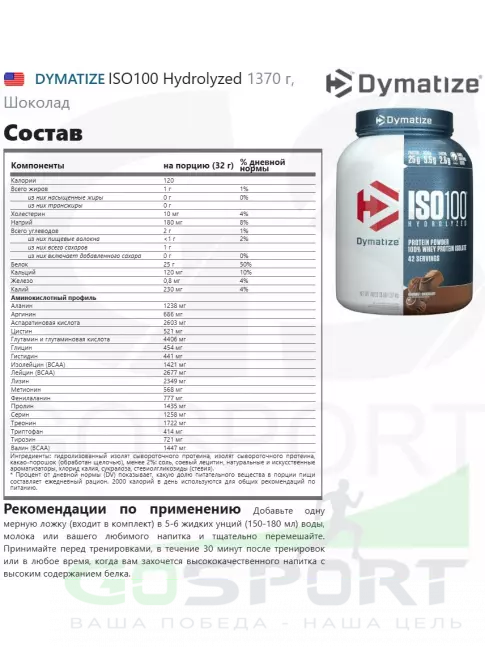  DYMATIZE ISO100 Hydrolyzed 1370 г, Шоколад