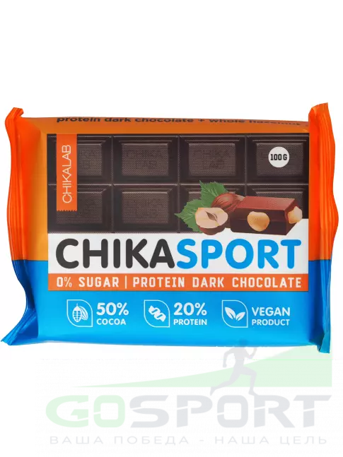 Протеиновый батончик Chikalab Тёмный шоколад без сахара CHIKASPORT 100 г, Темный шоколад с фундуком Протеиновый батончик Chikalab Тёмный шоколад без сахара CHIKASPORT 100 г, Темный шоколад с фундуком