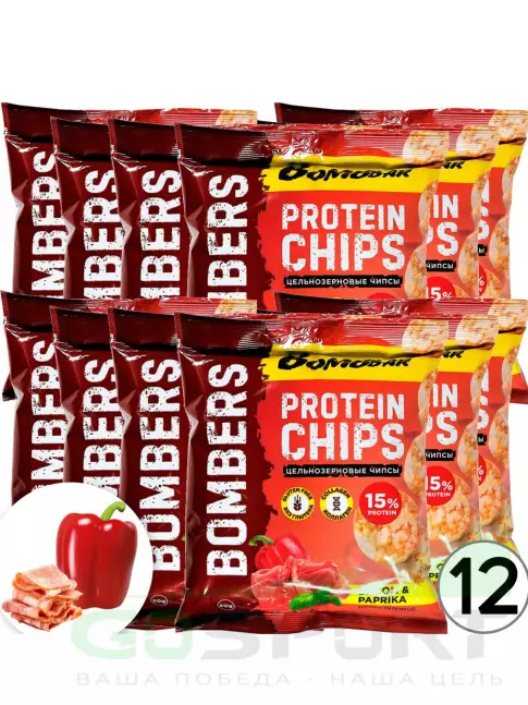 Чипсы BombBar Protein Chips 12 x 50 г, Бекон с паприкой Чипсы BombBar Protein Chips 12 x 50 г, Бекон с паприкой