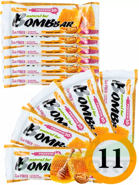 Протеиновый батончик BombBar Protein Bar 11 x 60 г, Грецкий орех с медом