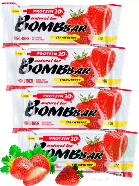 Протеиновый батончик BombBar Protein Bar 4 x 60 г, Клубника