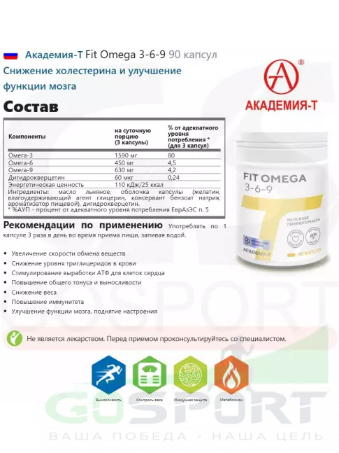 Омега-3 Академия-Т Fit Omega 3-6-9 90 капсул