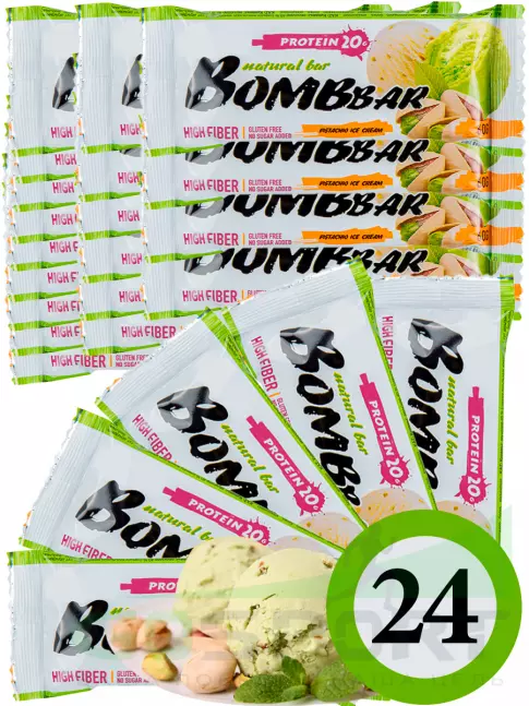 Протеиновый батончик BombBar Protein Bar 24 x 60 г, Фисташковый-Пломбир
