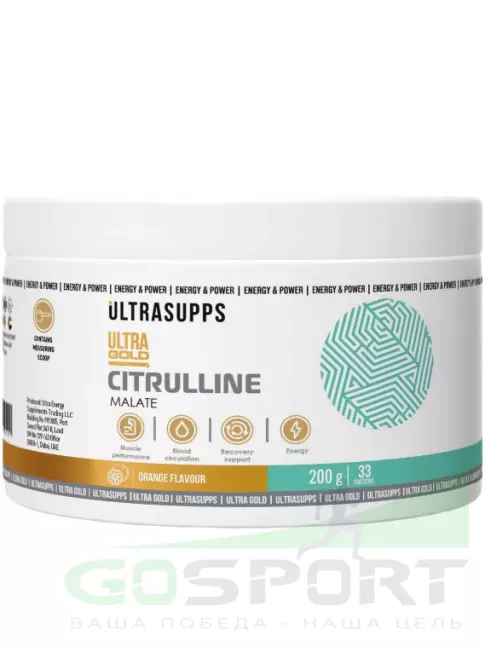 Цитруллин UltraSupps Citrulline Malate 5000 mg 200 г, Апельсин Цитруллин UltraSupps Citrulline Malate 5000 mg 200 г, Апельсин