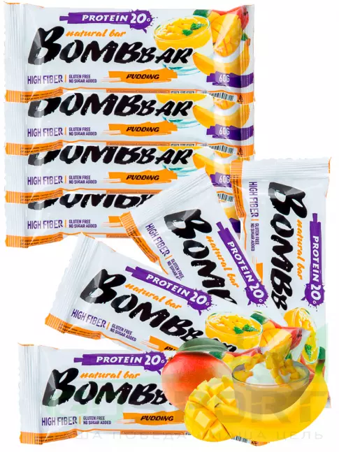Протеиновый батончик BombBar Protein Bar 8 x 60 г, Пудинг с ароматом манго и банана