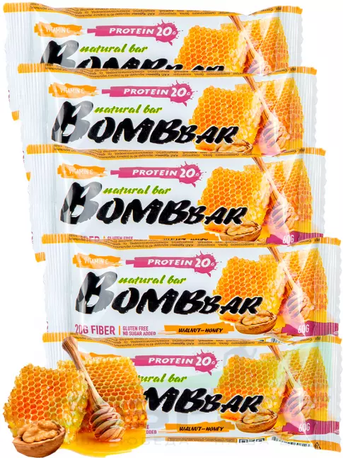 Протеиновый батончик BombBar Protein Bar 5 x 60 г, Грецкий орех с медом