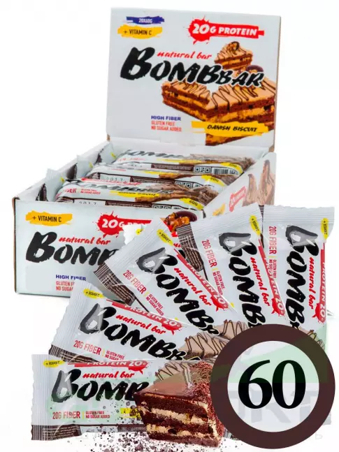 Протеиновый батончик BombBar Protein Bar 60 x 60 г, Датский бисквит