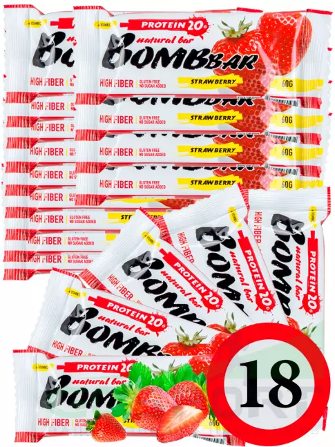 Протеиновый батончик BombBar Protein Bar 18 x 60 г, Клубника Протеиновый батончик BombBar Protein Bar 18 x 60 г, Клубника