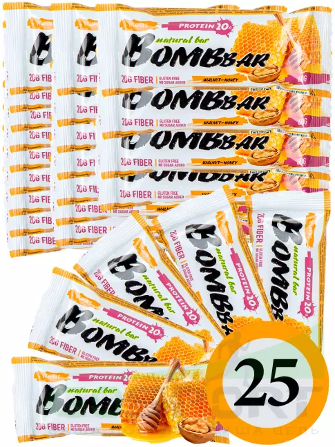 Протеиновый батончик BombBar Protein Bar 25 x 60 г, Грецкий орех с медом
