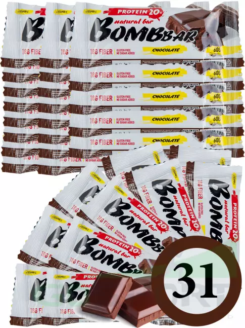 Протеиновый батончик BombBar Protein Bar 31 x 60 г, Двойной шоколад Протеиновый батончик BombBar Protein Bar 31 x 60 г, Двойной шоколад