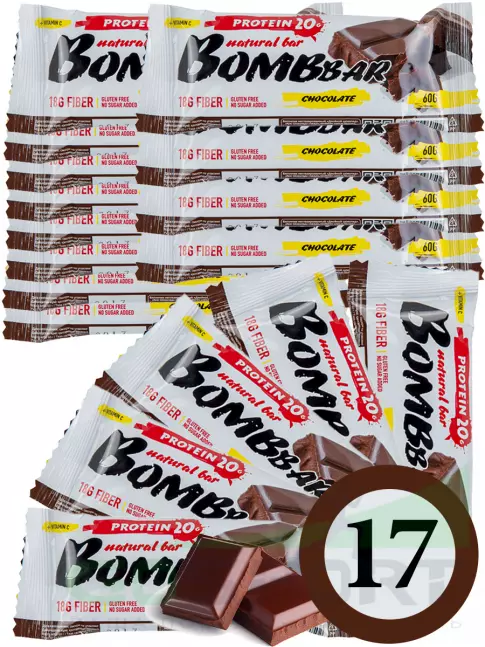 Протеиновый батончик BombBar Protein Bar 17 x 60 г, Двойной шоколад Протеиновый батончик BombBar Protein Bar 17 x 60 г, Двойной шоколад
