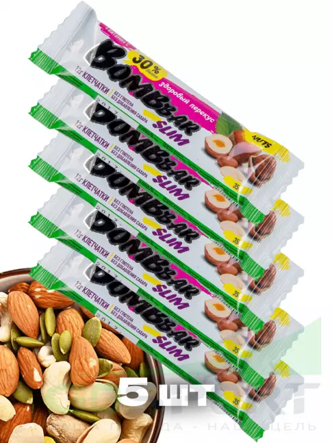 Протеиновый батончик BombBar Protein Bar Slim 5 х 35 г, Фундук-арахис Протеиновый батончик BombBar Protein Bar Slim 5 х 35 г, Фундук-арахис