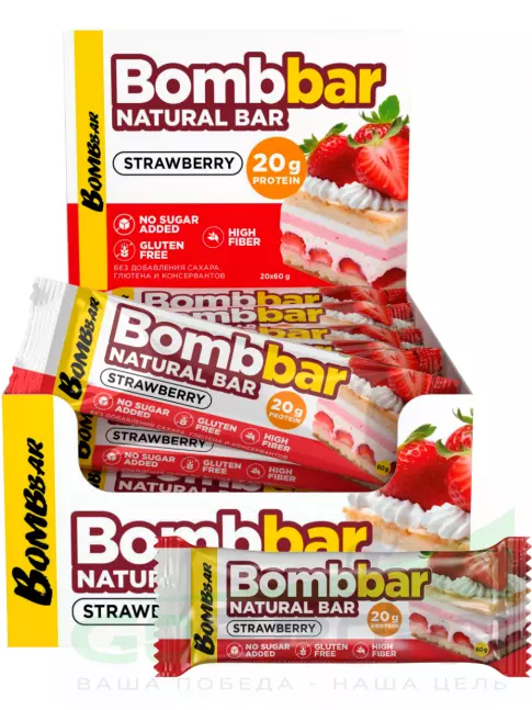 Протеиновый батончик BombBar Protein Bar 20 x 60 г, Клубника