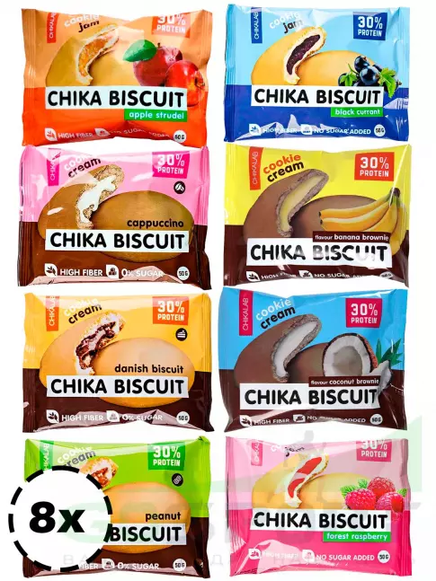 Протеиновый батончик Chikalab Бисквитное печенье Chika Biscuit 8 х 50 г, Ассорти