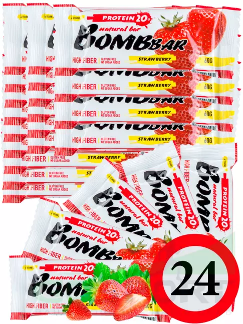 Протеиновый батончик BombBar Protein Bar 24 x 60 г, Клубника