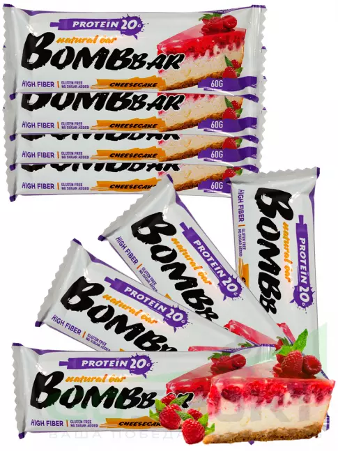 Протеиновый батончик BombBar Protein Bar 8 x 60 г, Малиновый чизкейк