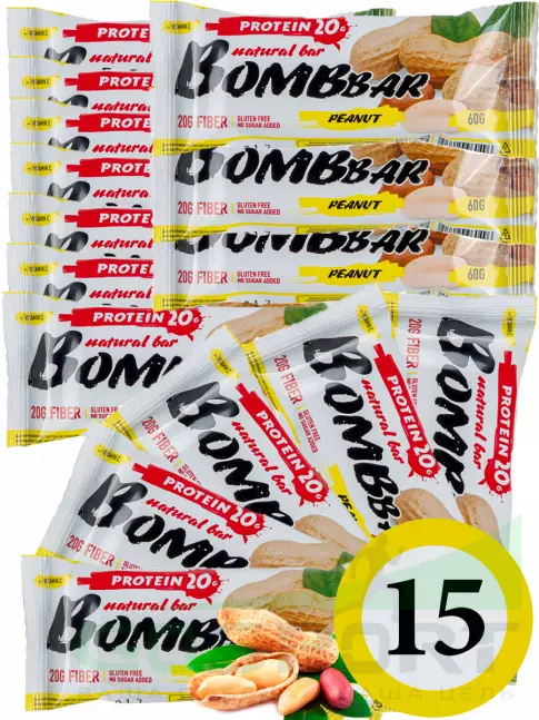Протеиновый батончик BombBar Protein Bar 15 x 60 г, Арахис Протеиновый батончик BombBar Protein Bar 15 x 60 г, Арахис