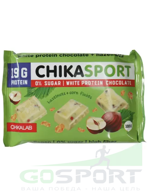 Протеиновый батончик Chikalab Протеиновый шоколад без сахара CHIKASPORT 100 г, Белый шоколад с фундуком и кукурузными чипсами