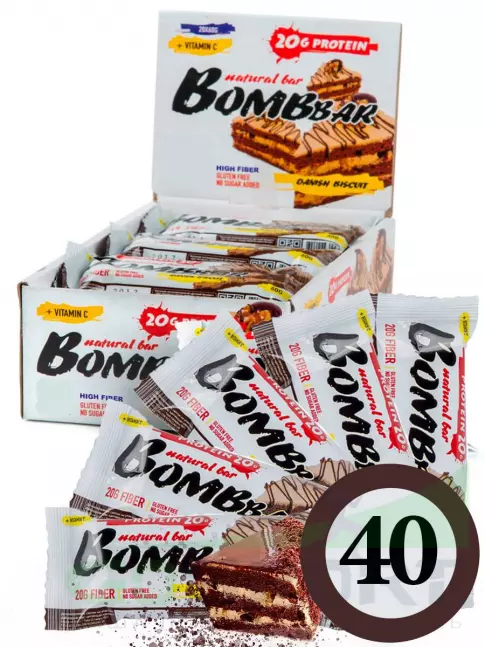 Протеиновый батончик BombBar Protein Bar 40 x 60 г, Датский бисквит