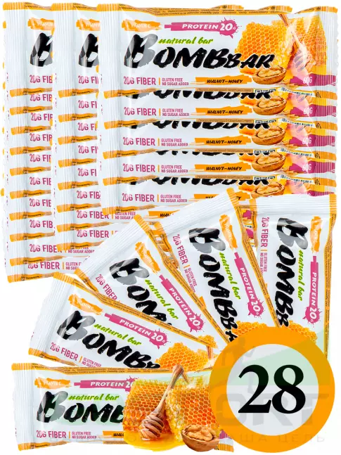 Протеиновый батончик BombBar Protein Bar 28 x 60 г, Грецкий орех с медом