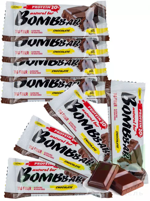 Протеиновый батончик BombBar Protein Bar 8 x 60 г, Двойной шоколад