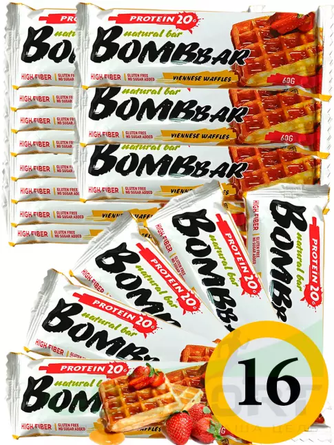 Протеиновый батончик BombBar Protein Bar 16 x 60 г, Венские вафли Протеиновый батончик BombBar Protein Bar 16 x 60 г, Венские вафли