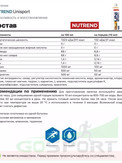 Изотоник NUTREND Unisport 1000 мл, Зеленый чай-Лимон