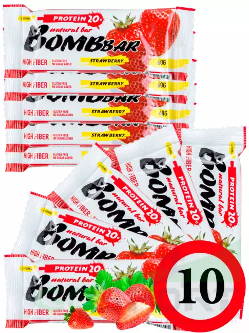 Протеиновый батончик BombBar Protein Bar 10 x 60 г, Клубника Протеиновый батончик BombBar Protein Bar 10 x 60 г, Клубника