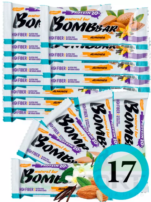 Протеиновый батончик BombBar Protein Bar 17 x 60 г, Миндаль-ваниль Протеиновый батончик BombBar Protein Bar 17 x 60 г, Миндаль-ваниль