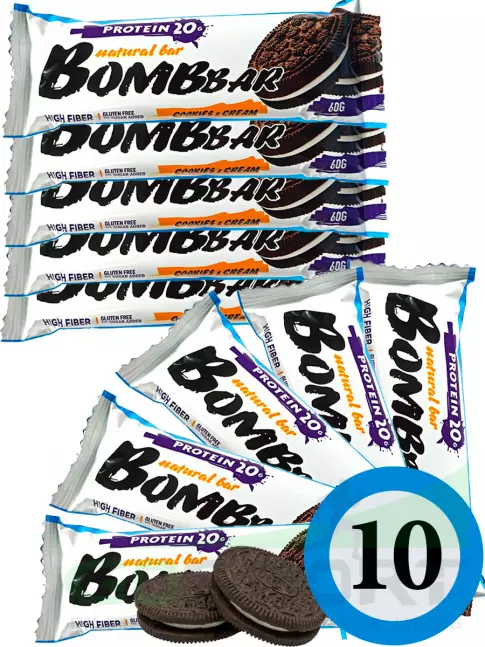 Протеиновый батончик BombBar Protein Bar 10 x 60 г, Печенье с кремом Протеиновый батончик BombBar Protein Bar 10 x 60 г, Печенье с кремом