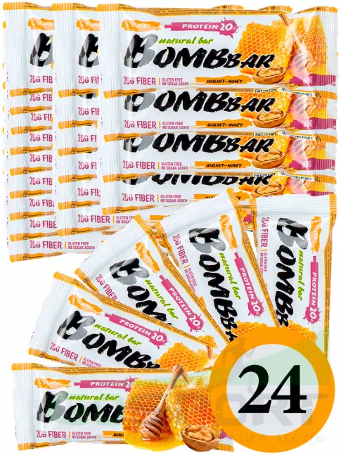 Протеиновый батончик BombBar Protein Bar 24 x 60 г, Грецкий орех с медом