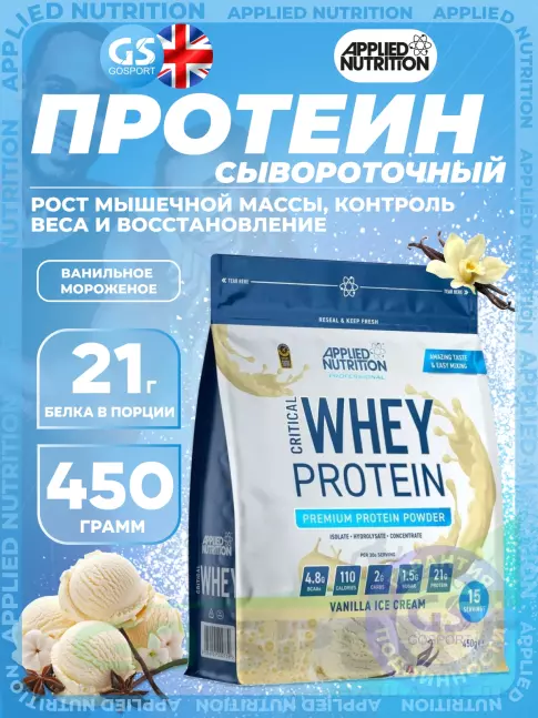 Сывороточный протеин APPLIED NUTRITION CRITICAL Whey 450 г, Ванильное мороженое Сывороточный протеин APPLIED NUTRITION CRITICAL Whey 450 г, Ванильное мороженое