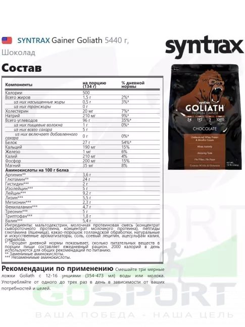 Гейнер SYNTRAX Gainer Goliath 5440 г, Шоколад