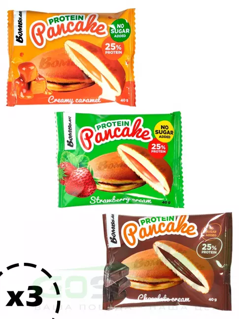 Протеиновый батончик BombBar Панкейк протеиновый 3 х 40 г, Шоколад, Карамель, Клубника