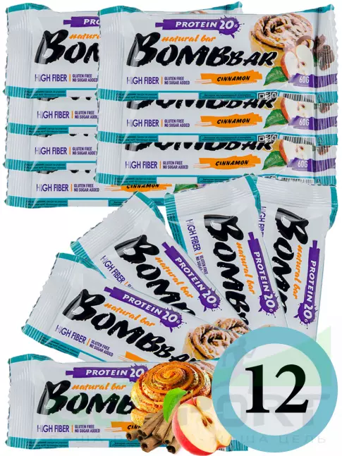 Протеиновый батончик BombBar Protein Bar 12 x 60 г, Яблоко - Корица